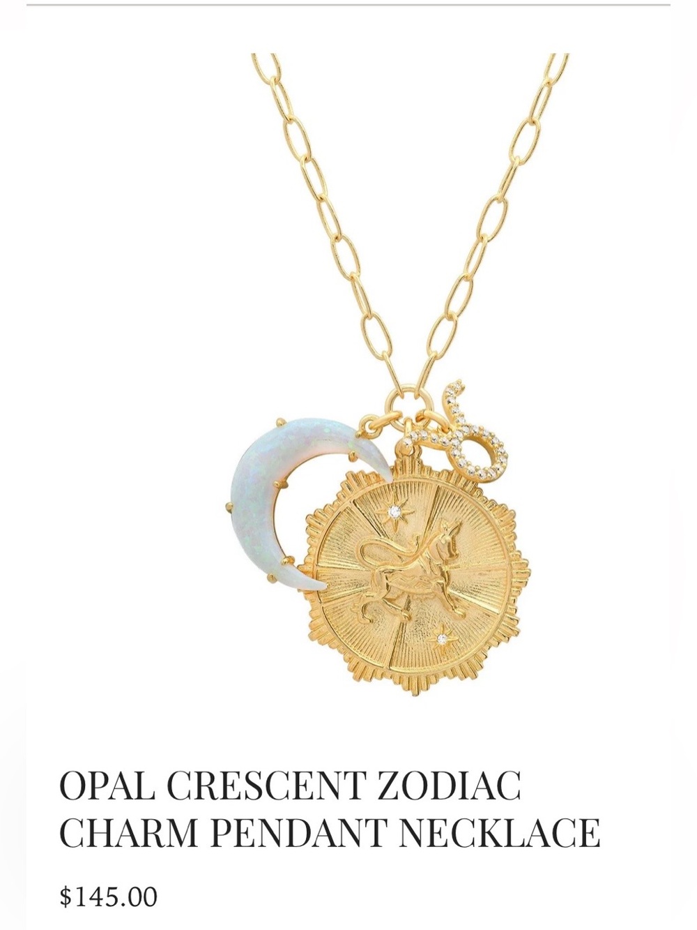 genuine crescent moon opal, 24kt gold plated Tarus pendant on paperclip chain
